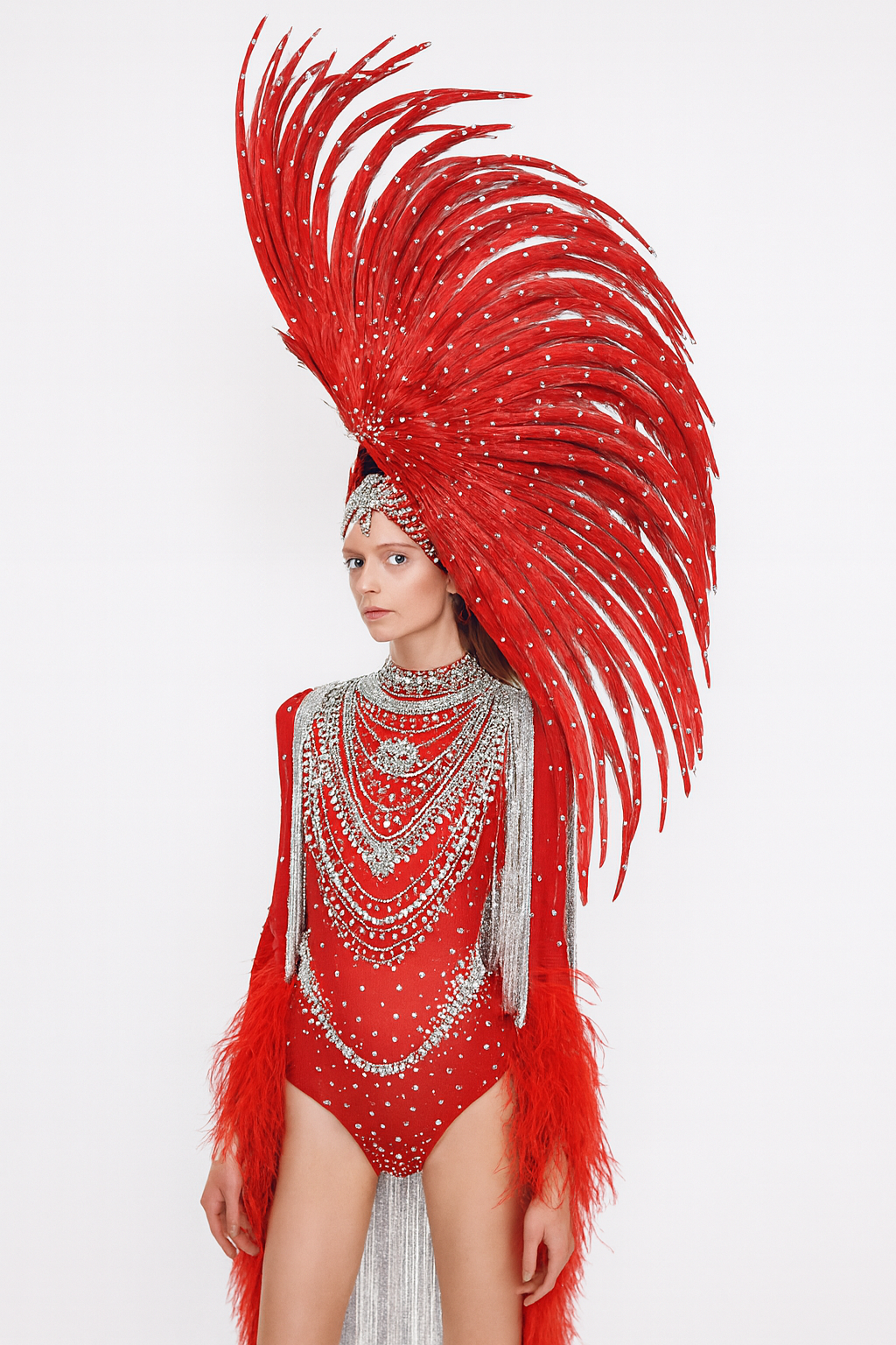 Crimson Majesty Feathered Crystal Bodysuit