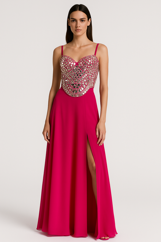 Hot Pink Mirror Embellished Gown with Slit