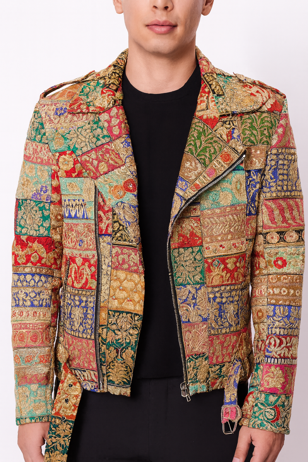 Handcrafted Brocade Patchwork Biker Jacket