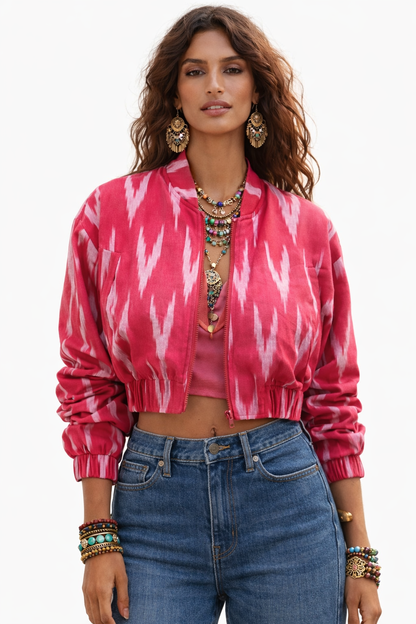 Pink Ikat Crop Bomber Jacket