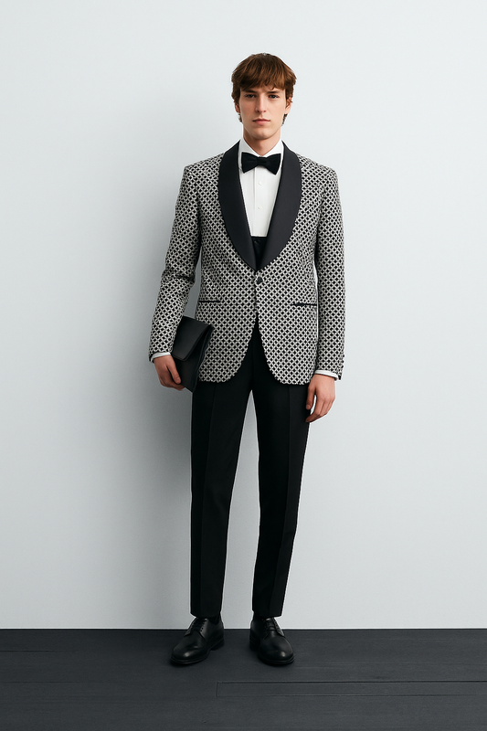 Black & White Geo Jacquard Tuxedo Suit – Satin Shawl Lapel
