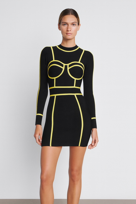 Black and Neon Yellow Bodycon Mini Dress