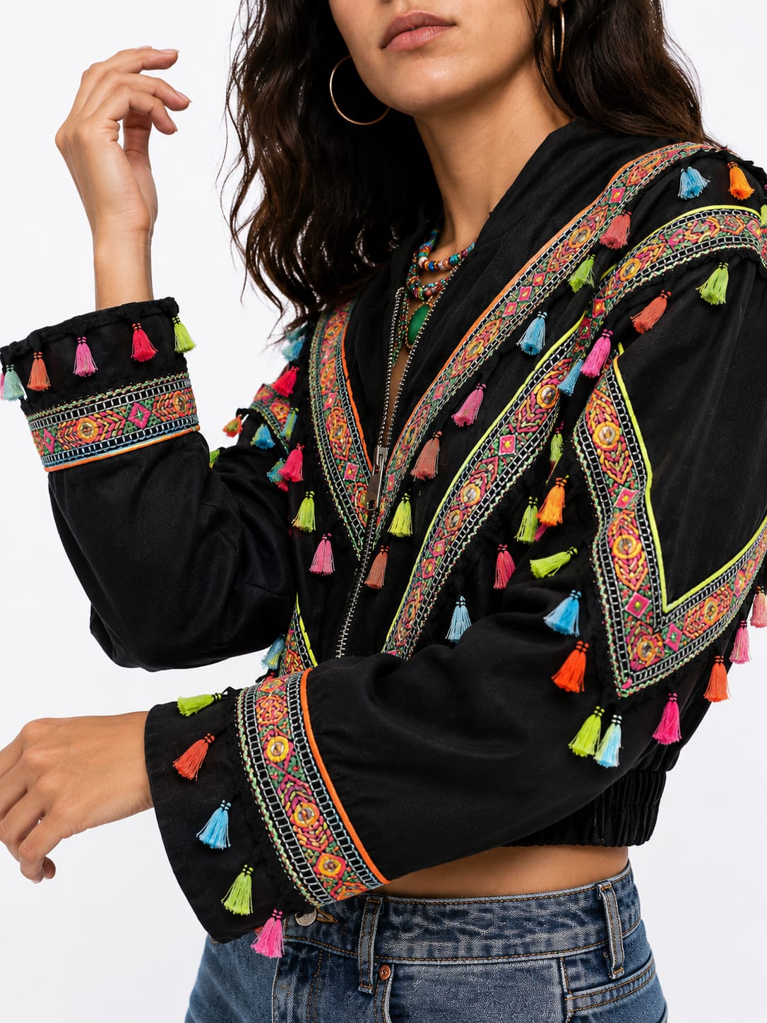 Black Embroidered Tassel Cropped Jacket
