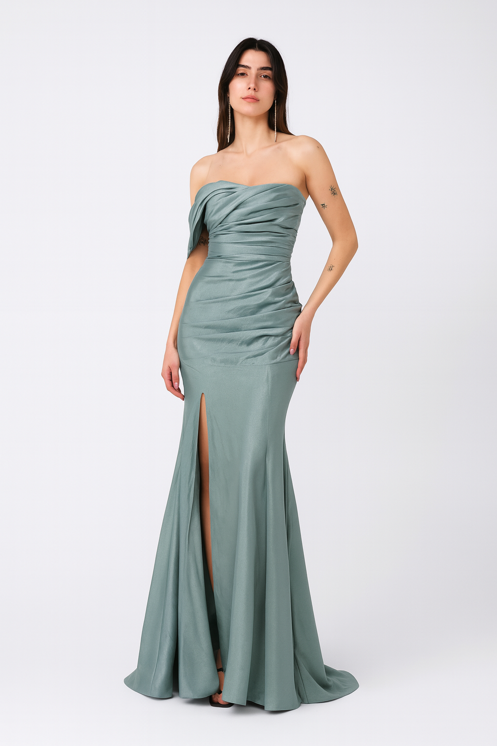 Sage Green Off-Shoulder Draped Gown