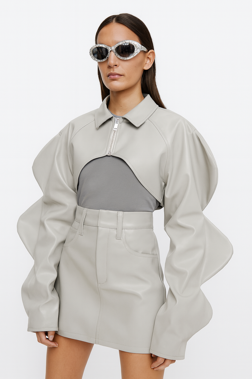 Sculpted Grey Leather Skirt Set
