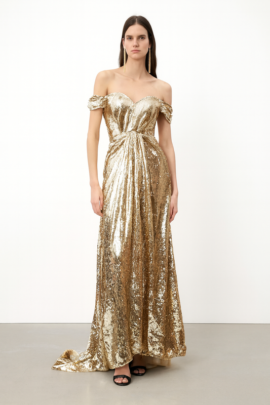 Gold Off-Shoulder Sequin Drape Gown