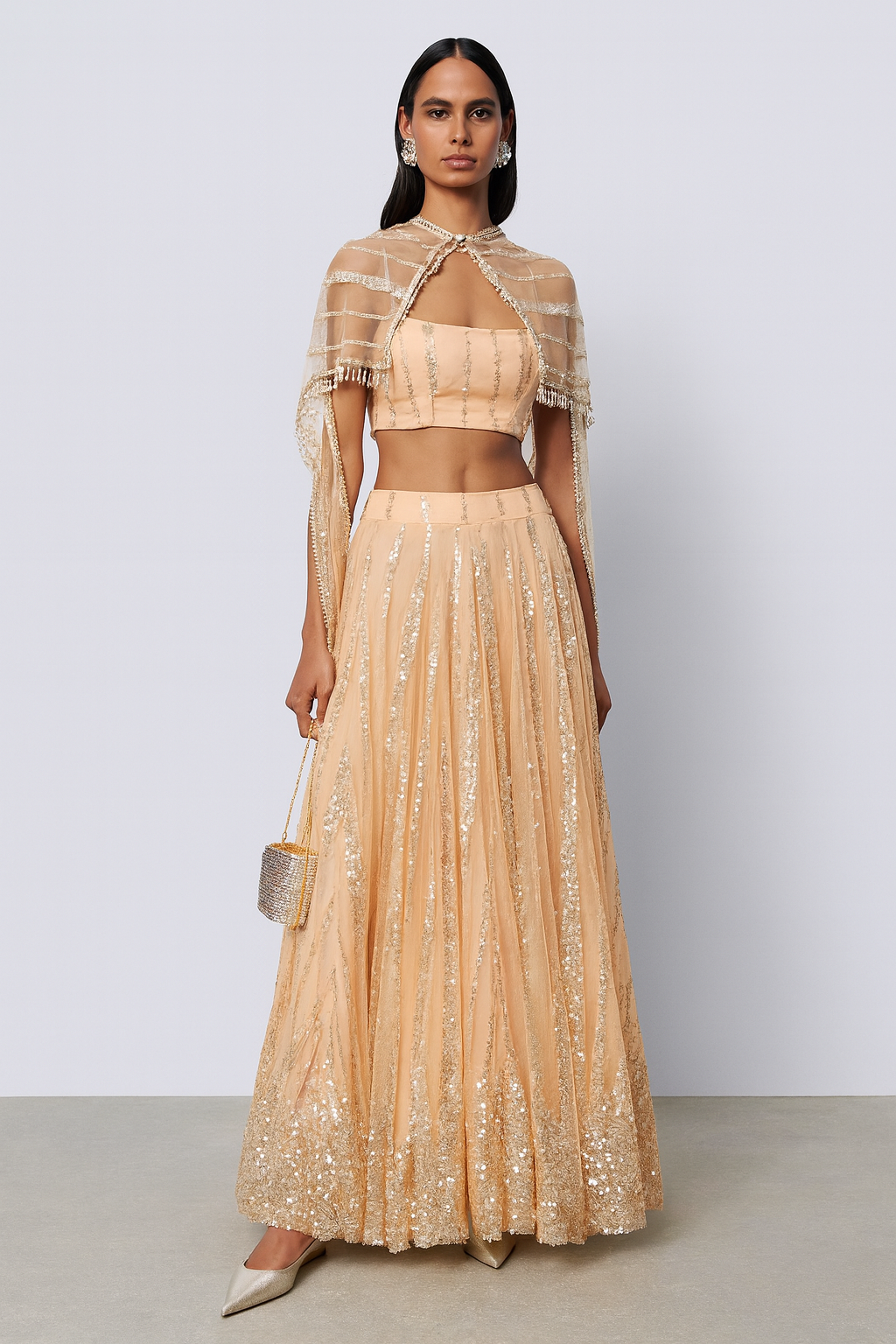 Peach Sequin Cape Lehenga Set