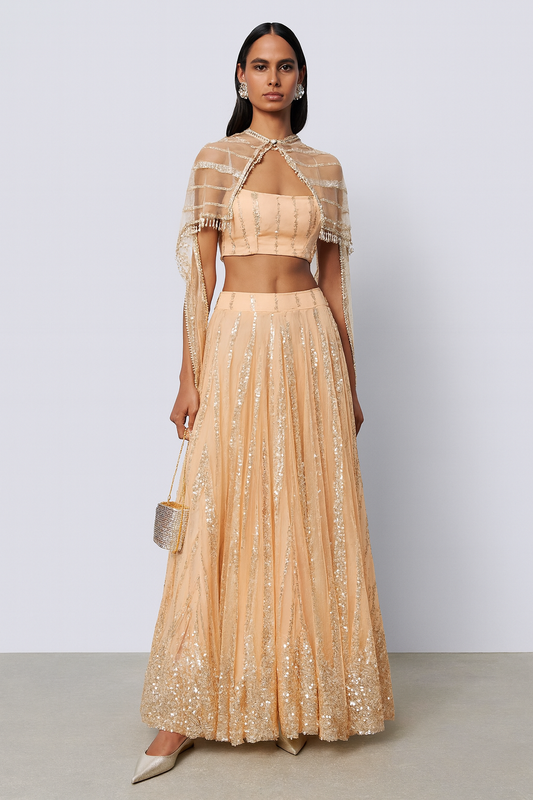 Peach Sequin Cape Lehenga Set