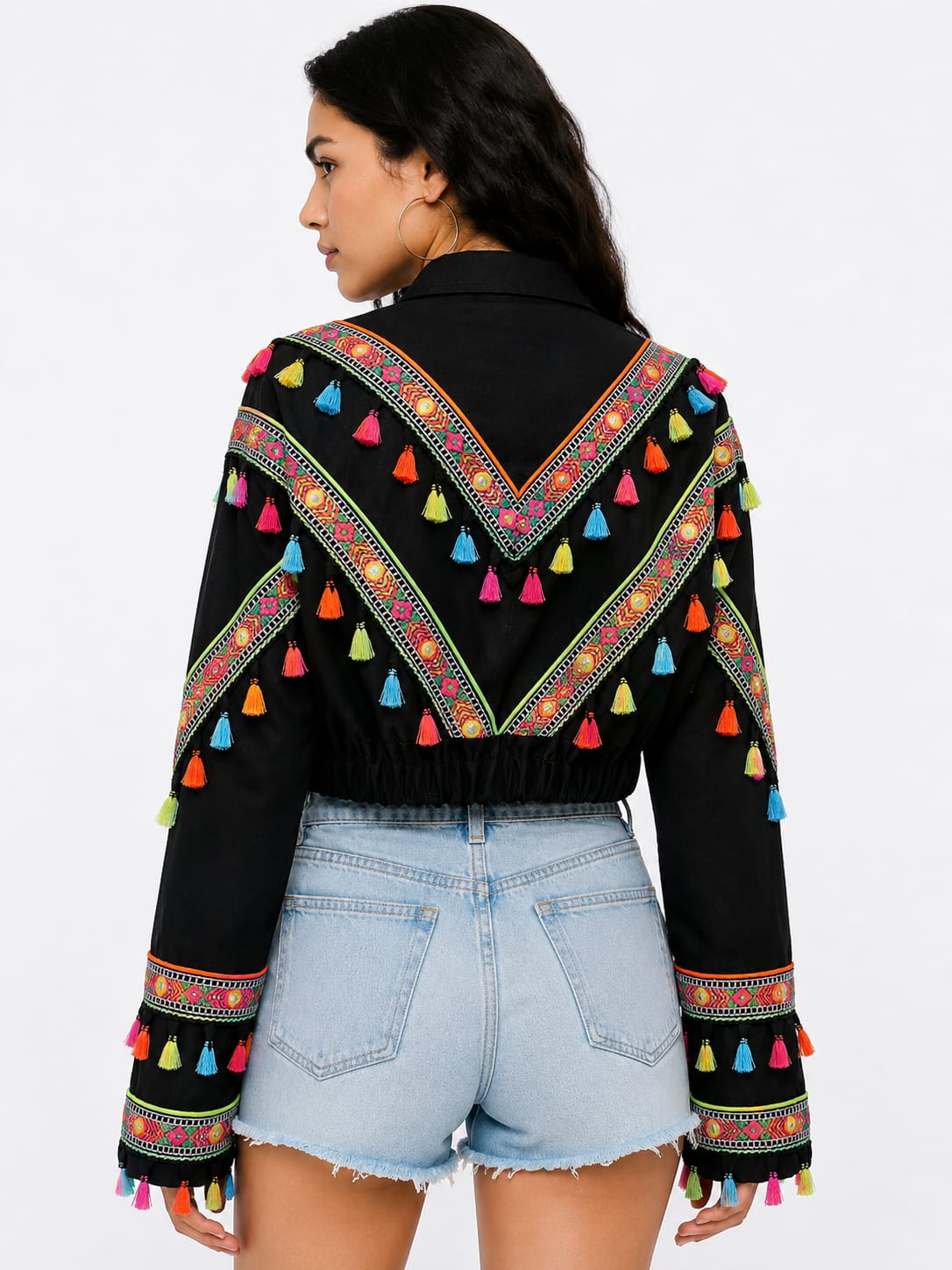Black Embroidered Tassel Cropped Jacket
