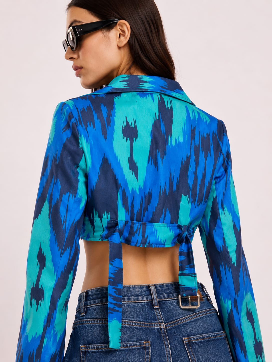 Blue Abstract Print Cropped Jacket