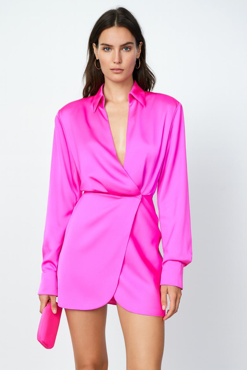 Hot Pink Satin Wrap Mini Dress