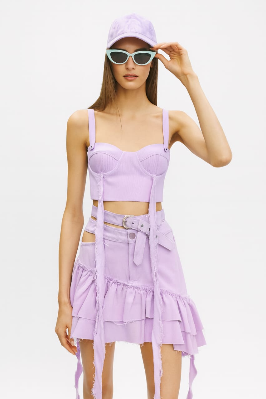 Lilac Fringe Denim Skirt Set