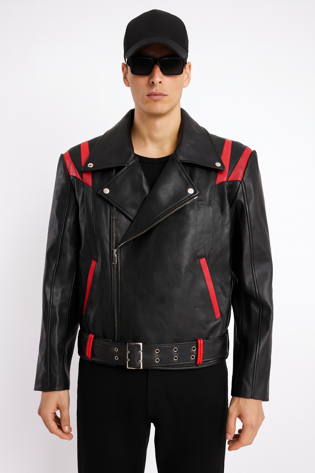 Black & Red Moto Leather Biker Jacket