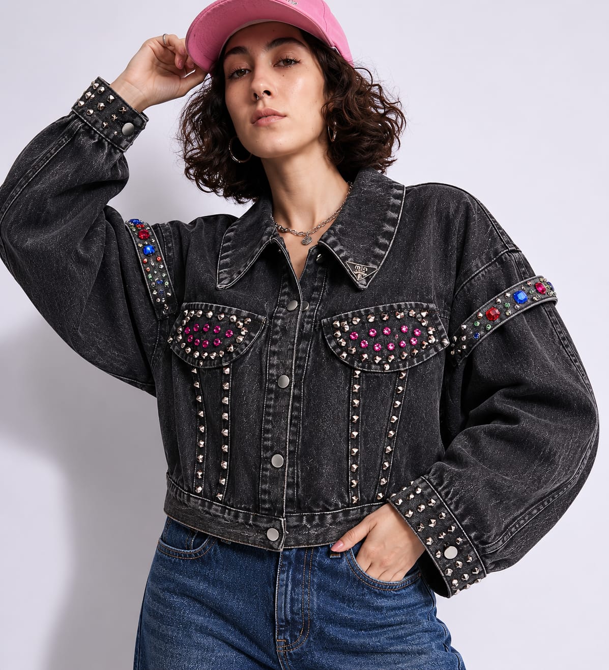 Studded Embellished Black Denim Jacket