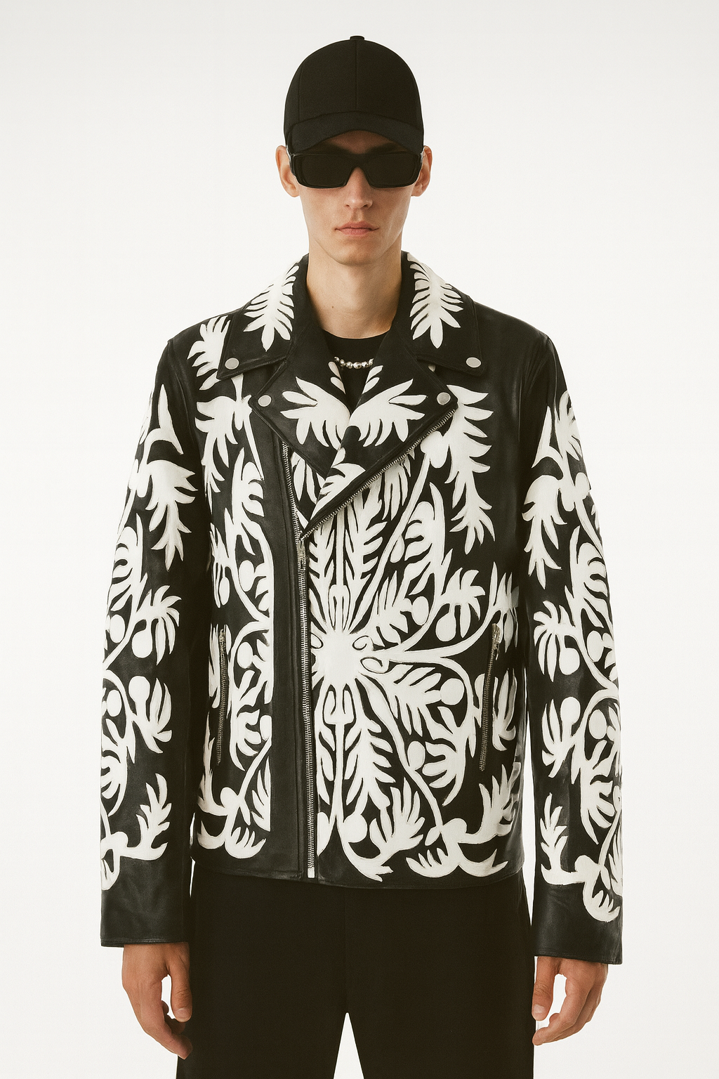 Black & White Floral Baroque Leather Biker Jacket