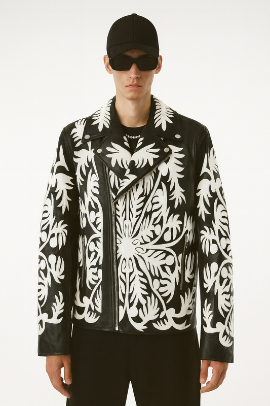 Black & White Floral Baroque Leather Biker Jacket