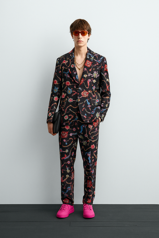 Black Multicolor Floral Print Suit – Runway Statement Set