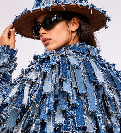 Layered frayed denim jacket