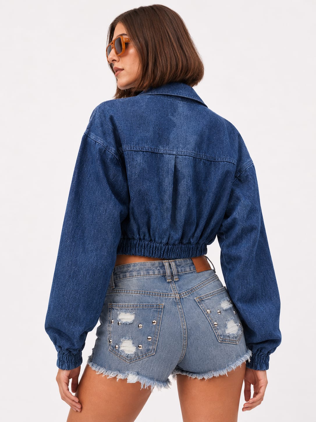 Denim Cropped Utility Jacket with Belted Waist