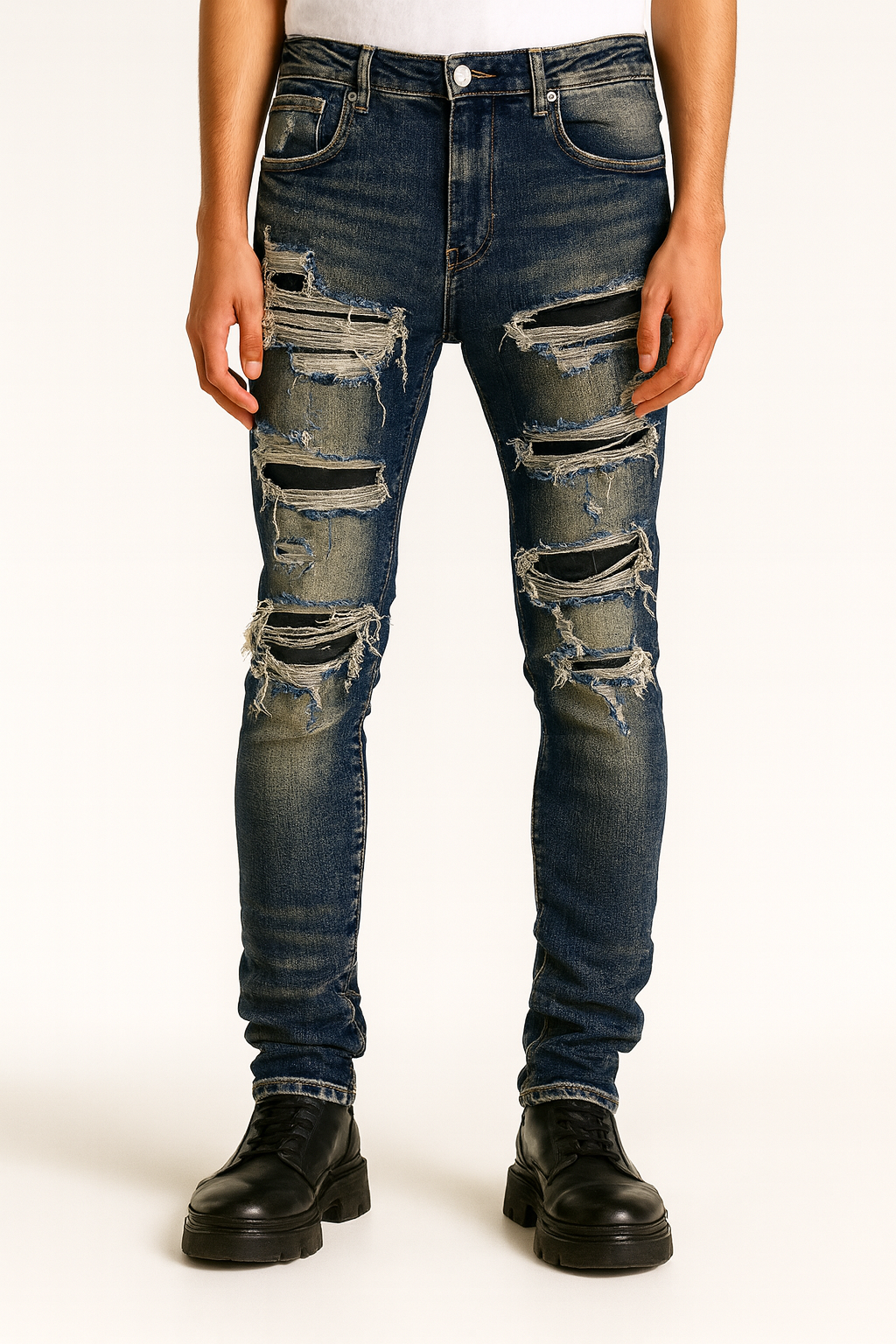 Dark Wash Heavy-Distressed Skinny Jeans