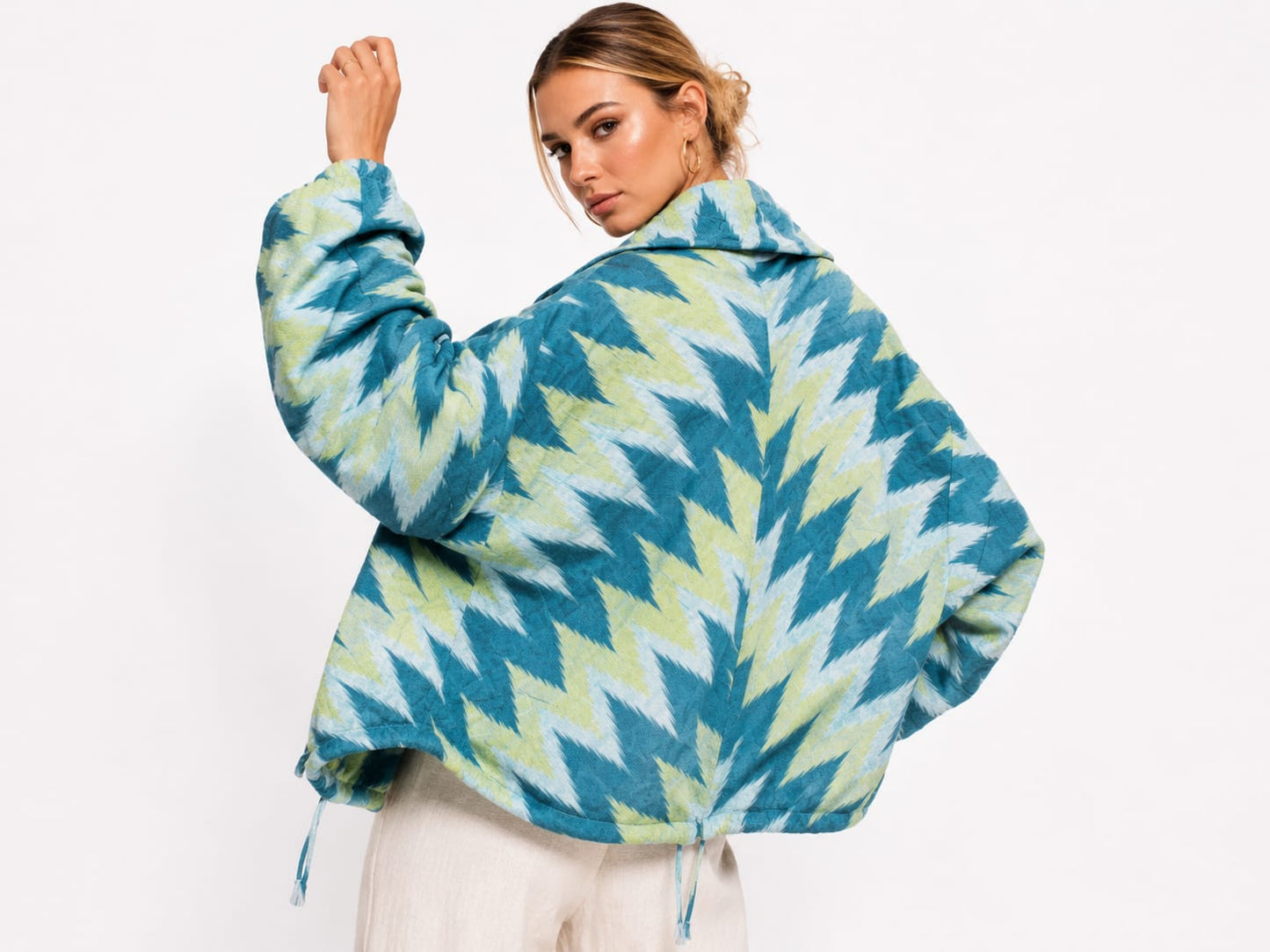 Blue Ikat Zip-Up Oversized Jacket