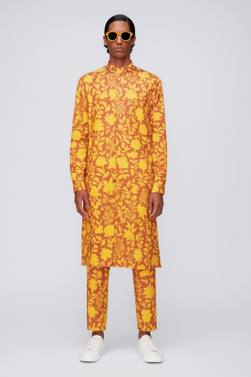 Mustard & Maroon Floral Print Long Kurta
