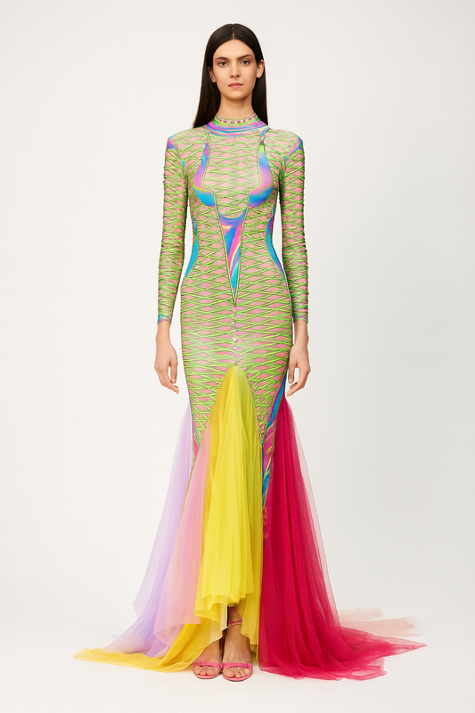 Holographic Neon Mesh Gown