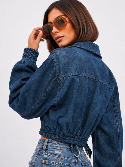 Denim Cropped Utility Jacket with Belted Waist