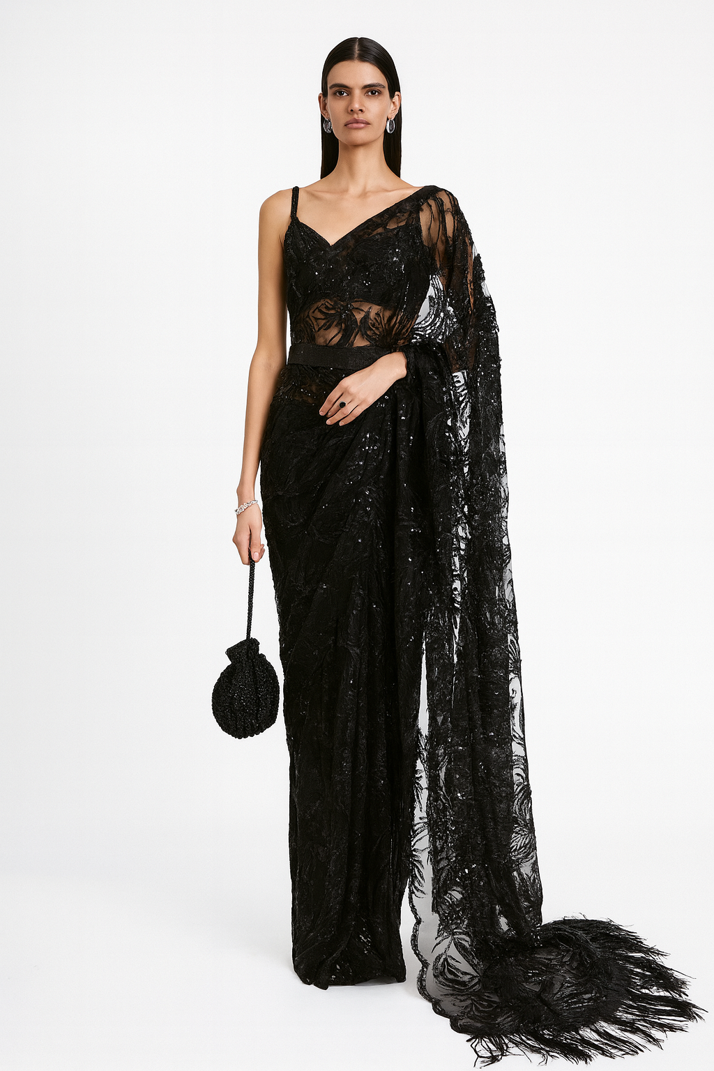 Noir Feather Embellished Saree