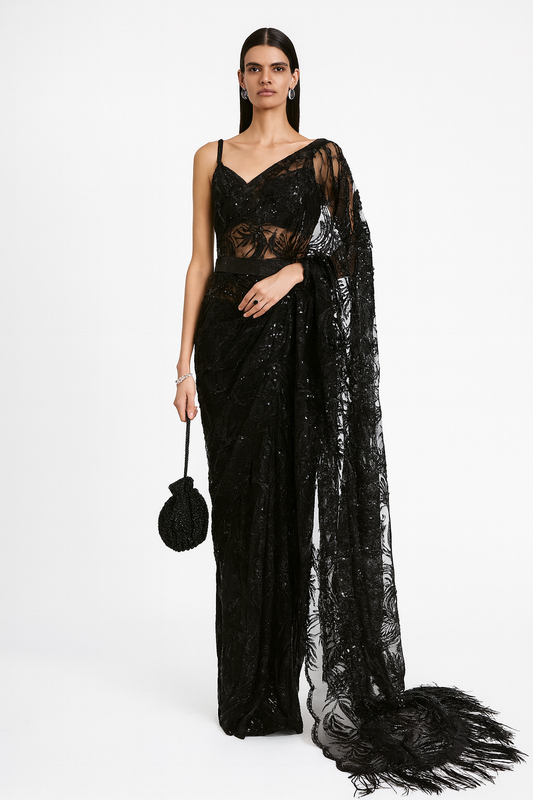 Noir Feather Embellished Saree
