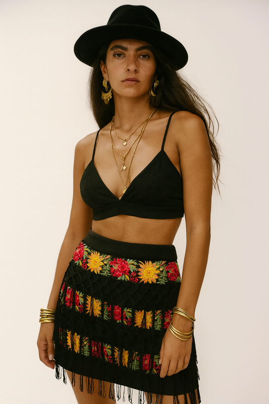 Floral Fringe Embroidered Mini Skirt