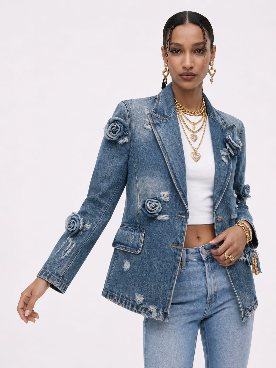 Embellished Floral Denim Blazer