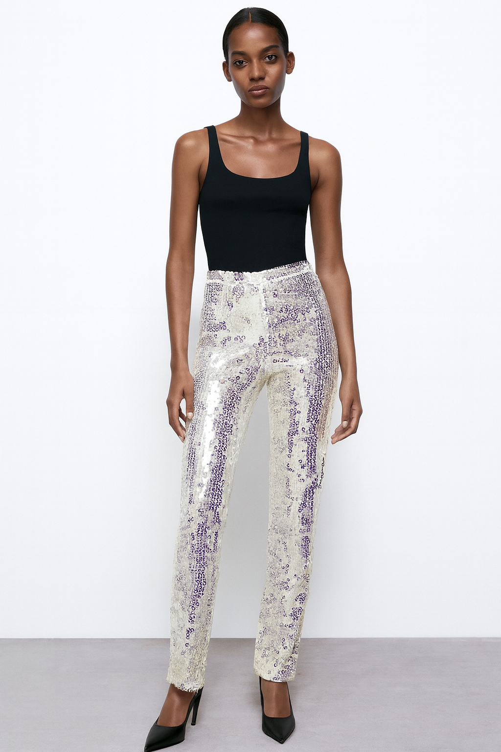 Silver Sequin High-Waist Pants