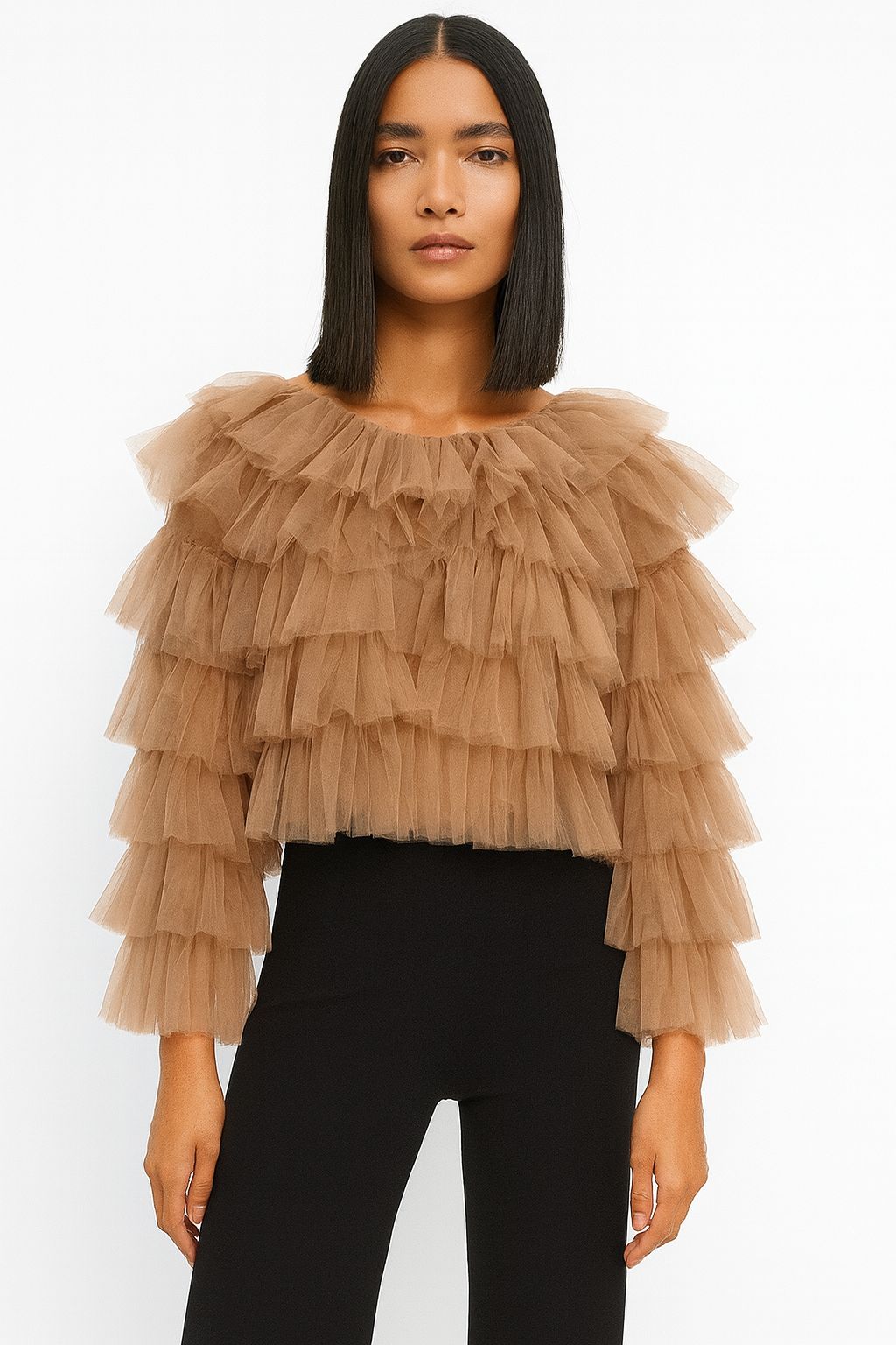 Mocha Tiered Tulle Ruffle Blouse