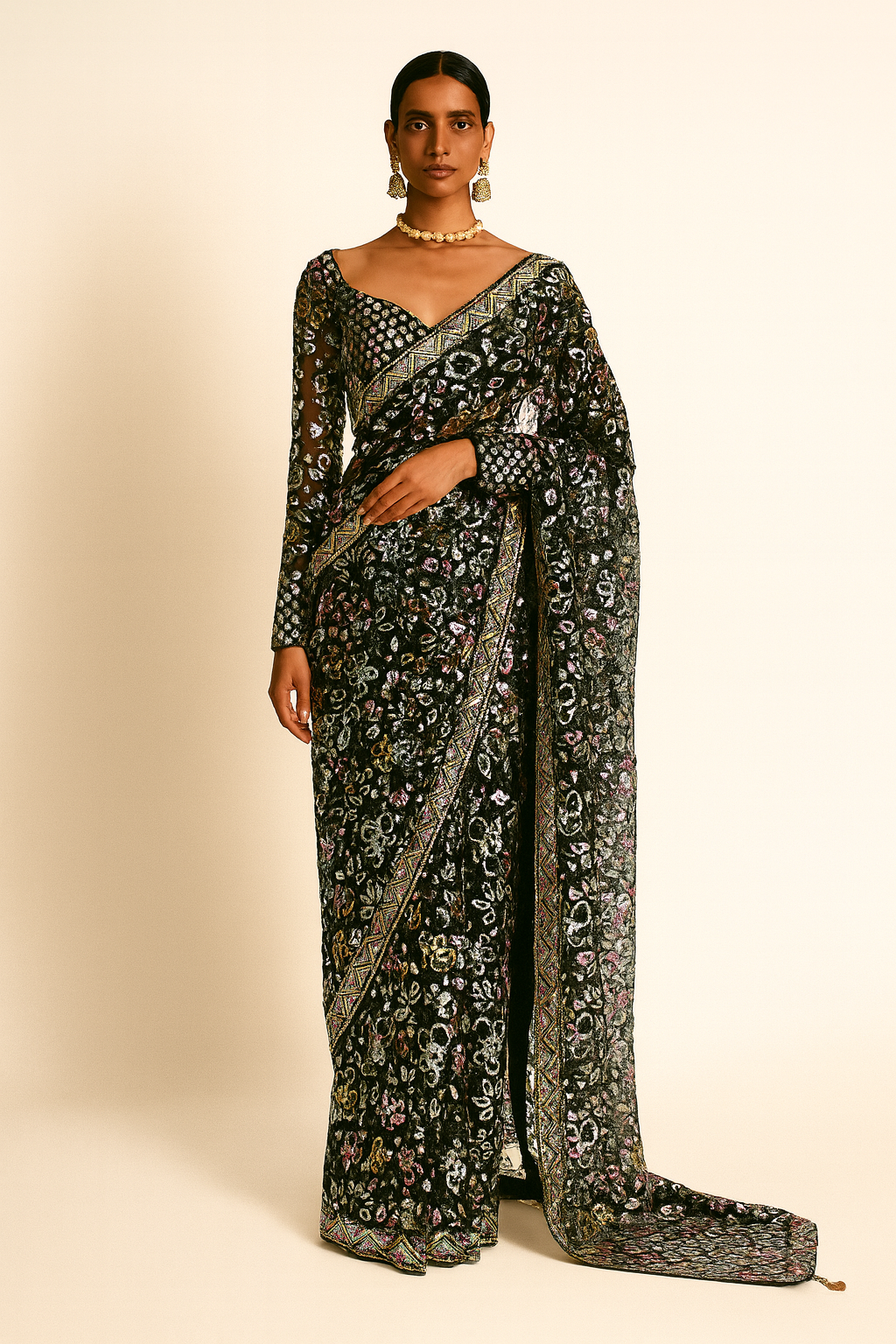 Noir Garden Velvet Embroidered Saree