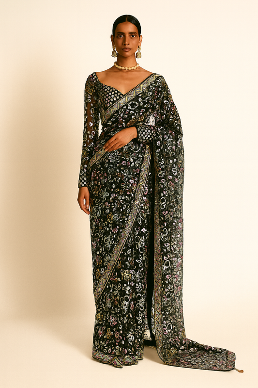 Noir Garden Velvet Embroidered Saree