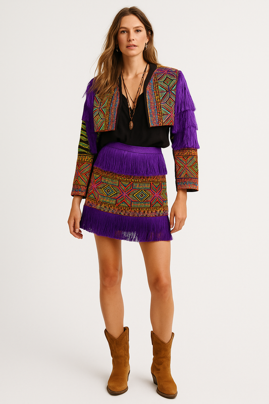 Purple Fringe Embroidered Mini Skirt