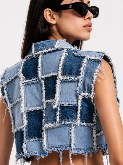 Denim patched sleeveless jacket