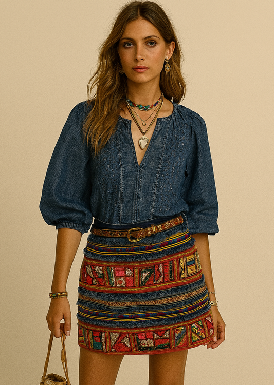 Patchwork Embroidered Boho Mini Skirt
