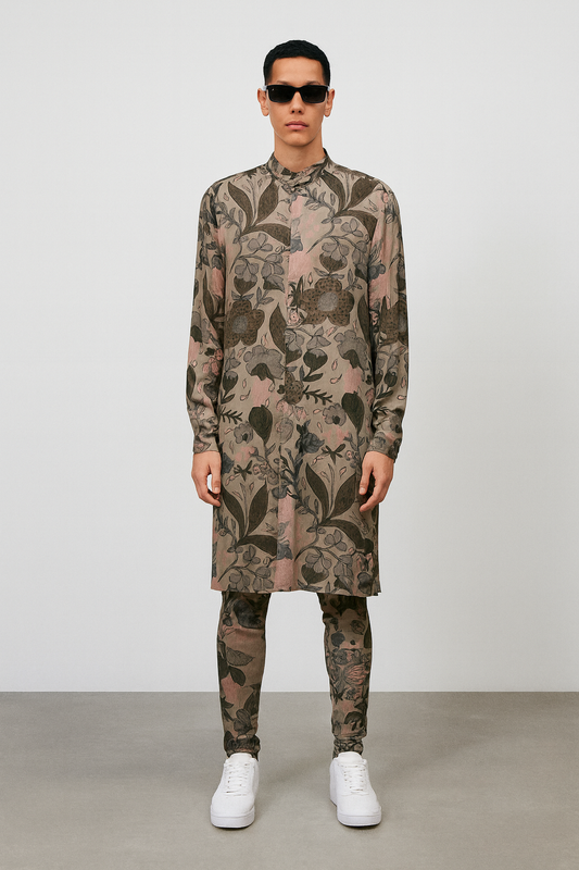 Muted Olive Botanical Print Long Kurta