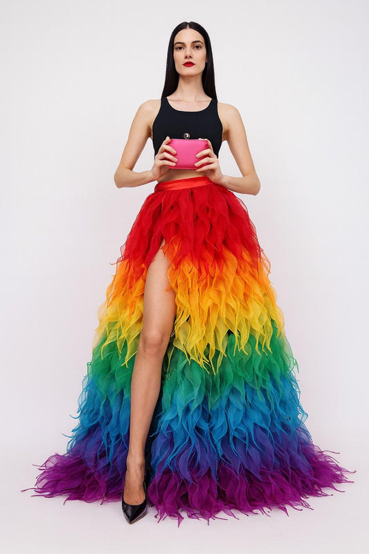Rainbow Feathered Organza Skirt