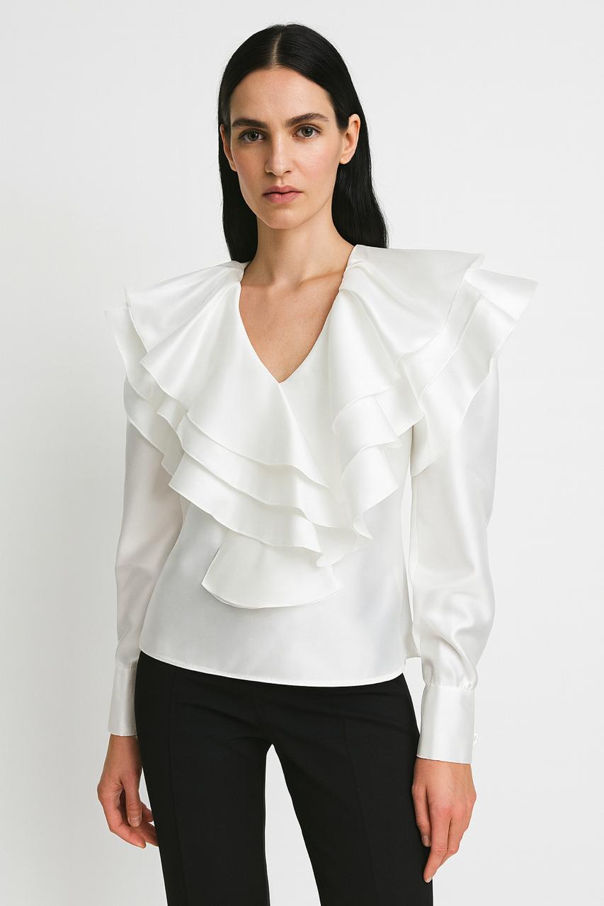 Ivory Cascade Ruffle Satin Blouse