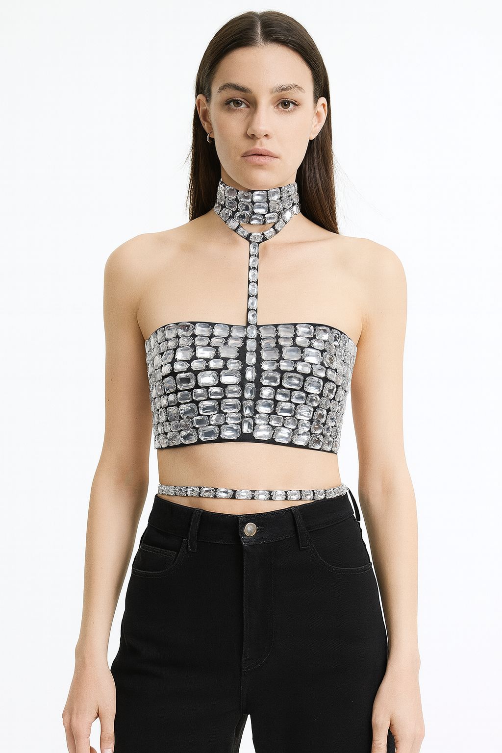 Crystal Embellished Halter Crop Top