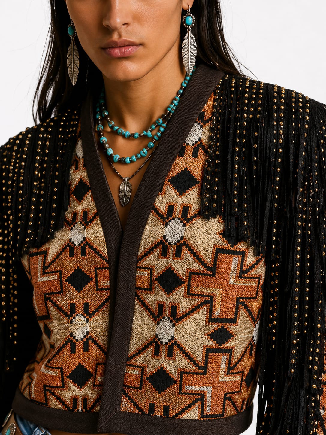 Tribal Fringe Studded Crop Jacket