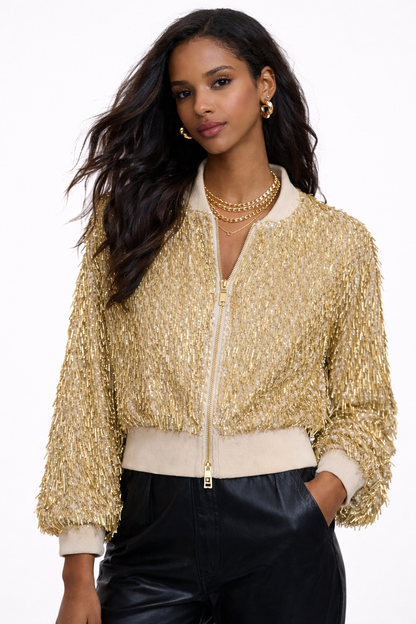 Golden Fringe Luxe Bomber Jacket