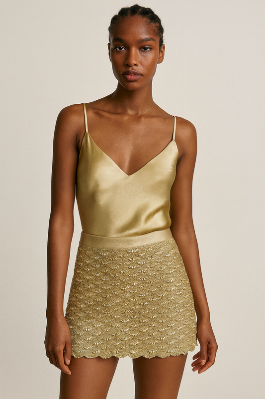 Gold Scalloped Embroidered Mini Skirt