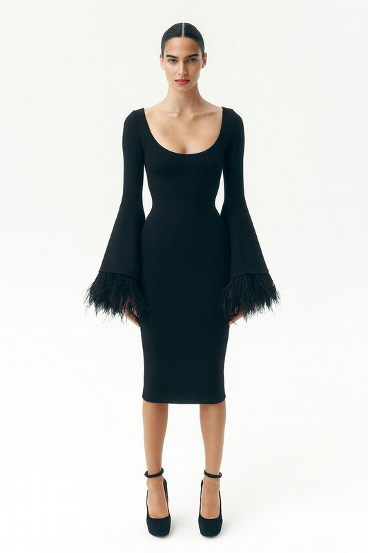 Black Feather Cuff Midi Dress