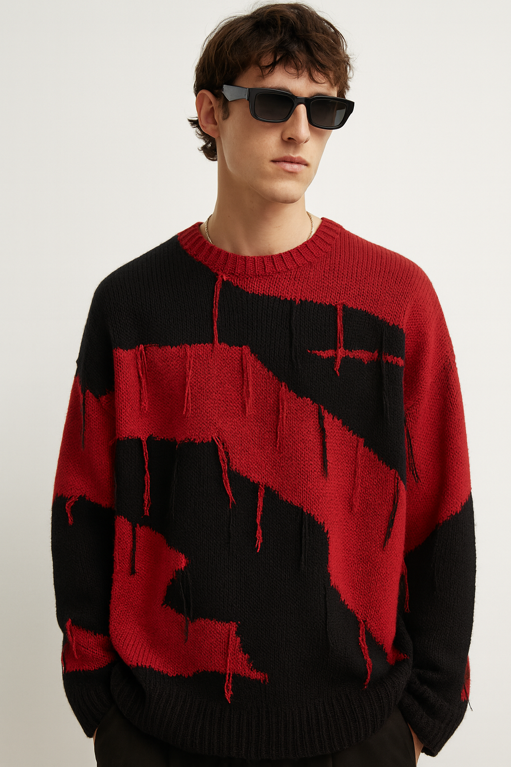 Red & Black Distressed Pattern Knit Jumper
