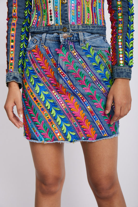 Embroidered Denim Mini Skirt