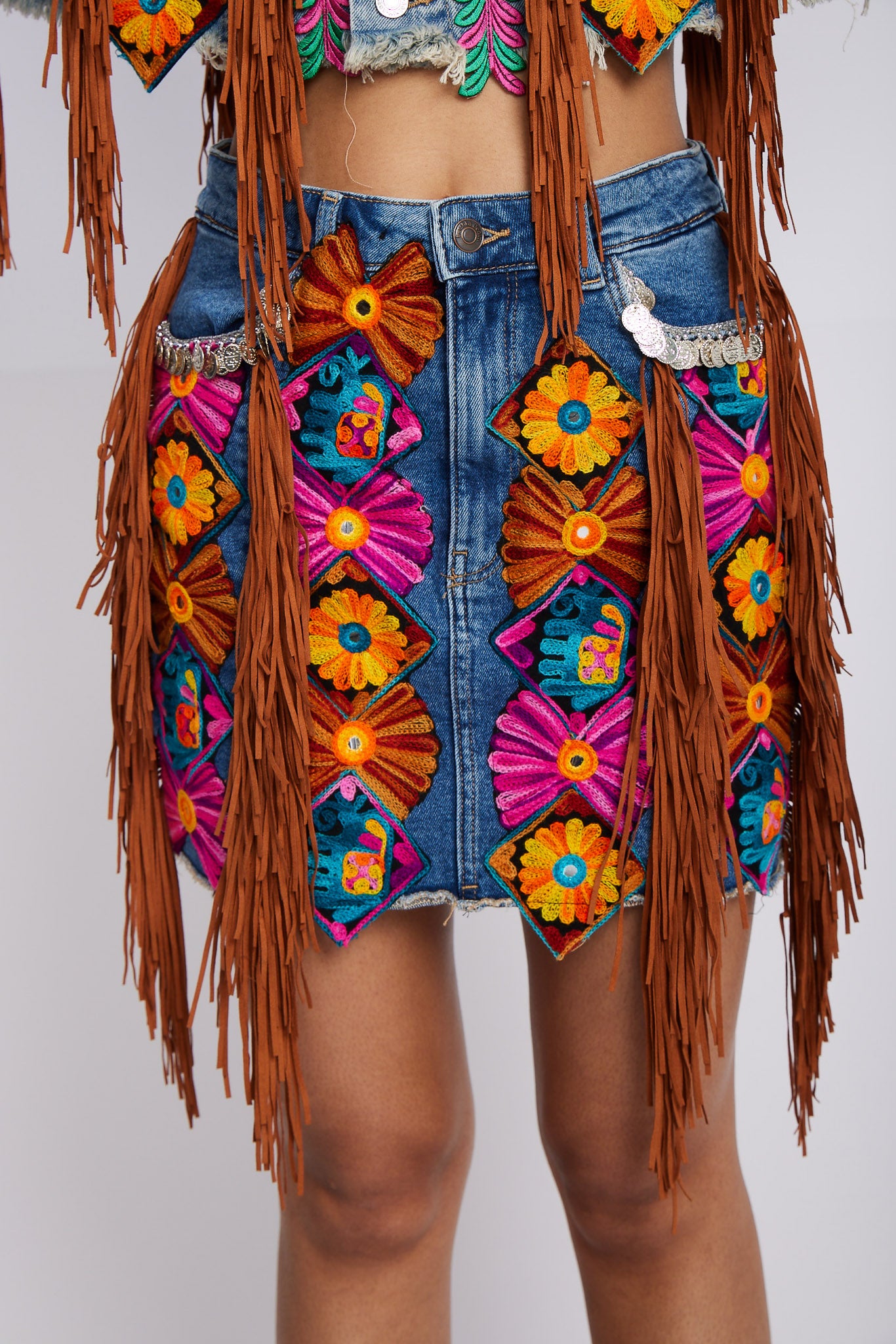 Floral Patch Embroidered Denim Mini Skirt
